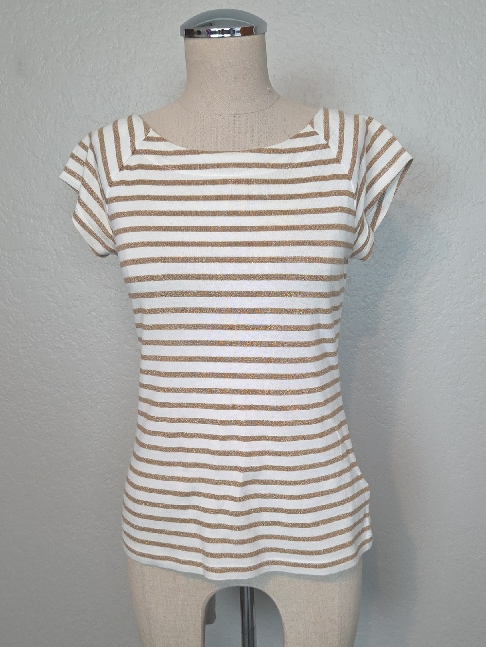 Ralph Lauren Striped White and Gold Short Sleeve Knit Top PM
